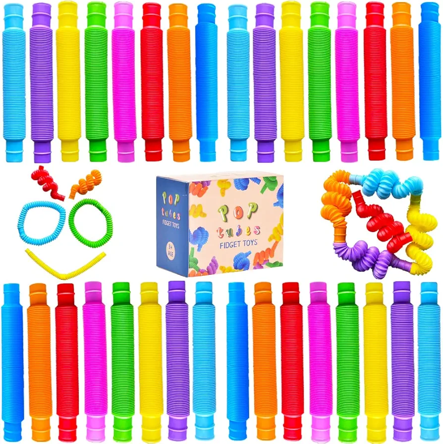 32Pack Pop Tubes, Fidget Tubes for Children and Adult Sensory Fidget Toy Set for Stress and Anxiety Relief Educational Learning Toys for Kids