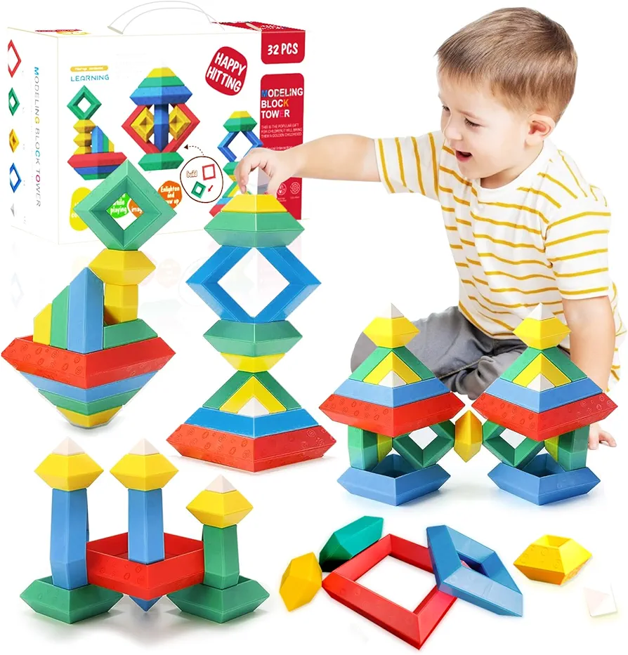 Montessori Toys for 2 3 4 5 Year Old, Building Blocks for Toddlers 1-3 Stacking Toys, 32 Pcs Pyramid Stacking Blocks STEM Sensory Toys Preschool Educational Toy Gifts