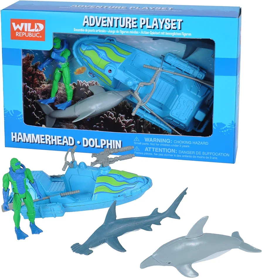 Wild Republic Dolphin, Hammerhead, Speed Boat, Oars, Scuba Diver, Gifts for Kids, Adventure Playset, 6 Piece Set