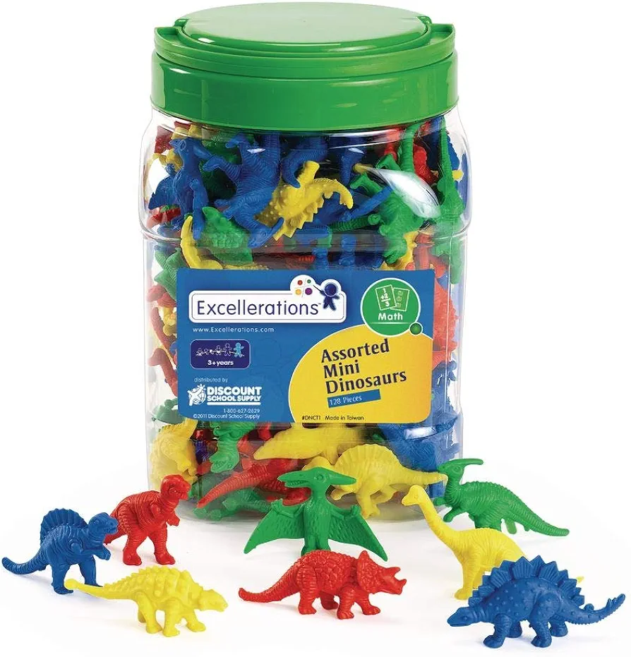 Excellerations Math Manipulatives Set of 128 Mini Dinosaur Counters 1-1/2 inches -2 inches, STEM Educational Toys for Mathematics, Preschool (Item # DNCT1)