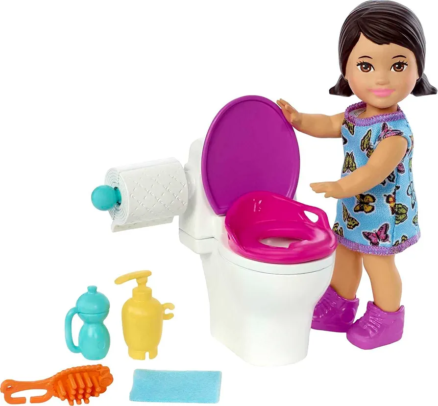 Barbie Skipper Babysitters Inc Doll & Accessories Set with Brunette Doll in Butterfly Dress, Potty & Bathroom-Themed Pieces