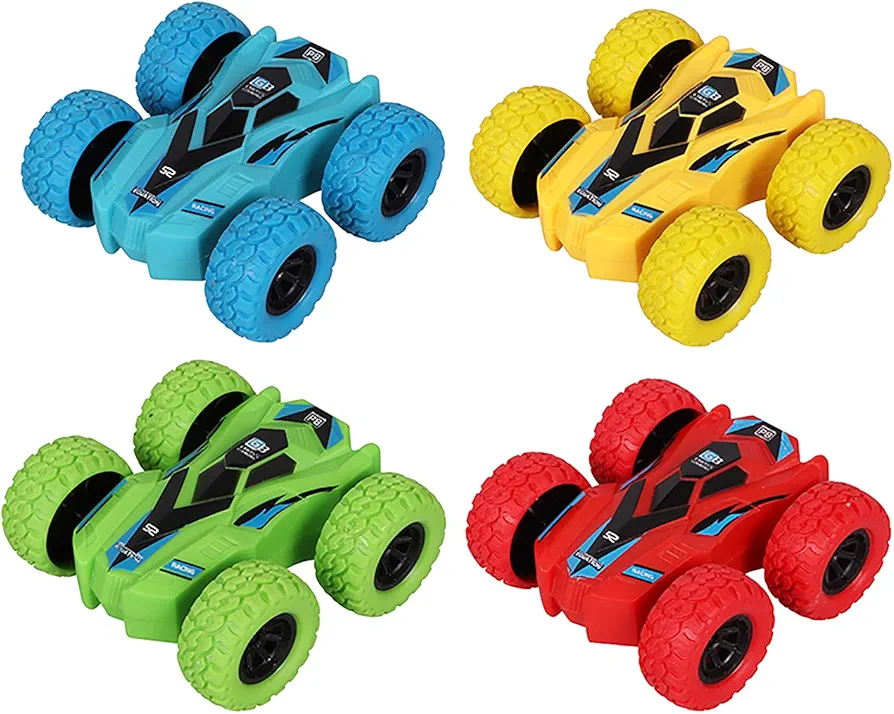 Pull Back Cars, 4 Pack Monster Toys Truck Double-Sided Friction Powered Vehicles Flips Shockproof Inertia Cars Push and Go Vehicles for Kids Christmas Party Gift