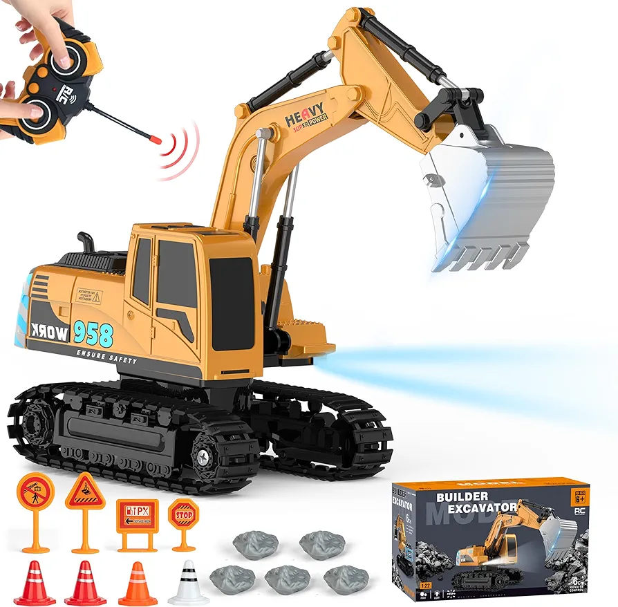 Kids-Play Excavators Construction Toys for Boys-6-9 - 1/22 Engineering Digger Truck with 6 Activity Barricade, Rechargable Educational Car Kids' Play Excavators, Kids-Toys for 6 7 8 9 Years Boys Girls