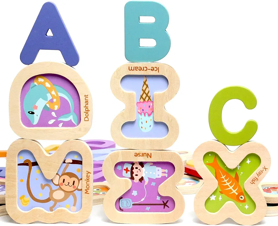 Wooden Alphabet Paired Puzzle for Kids Ages 3-5, ABC Letters Sight Words Puzzles Montessori Toys Educational STEM for Preschool Boys Girls