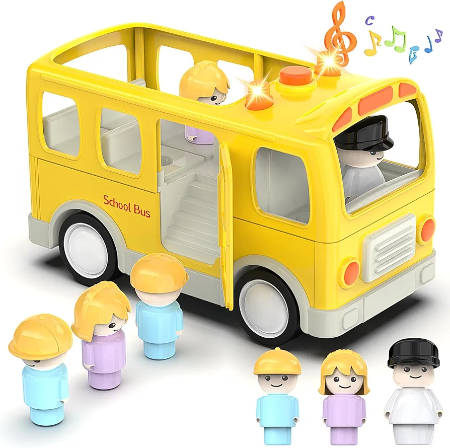 Veslier School Bus Toys with 5 Play Figures for Toddlers, Kids Car Toy with Lights ＆ Sounds, Truck with Door Opening Function ＆Stop Sign, Birthday Gift for 18M+ 2 3 4 5 Year Old Boys.