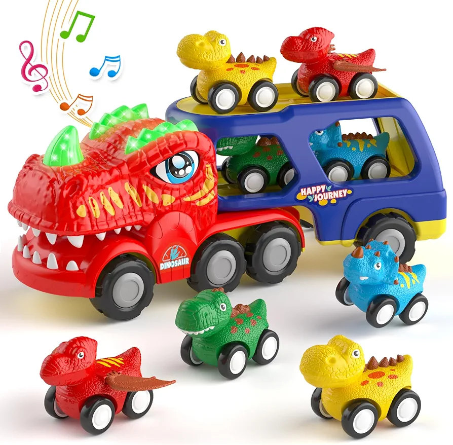 Toddlers Cars Toys for 1 2 3 4 Years Old Boys, 5 in 1 Dinosaur Car Toys for Kids 2-4, Easter Birthday Gifts for Toddlers 1-3, Boy Toys Age 1-3 2-4, Dino Transport Truck with Light & Music