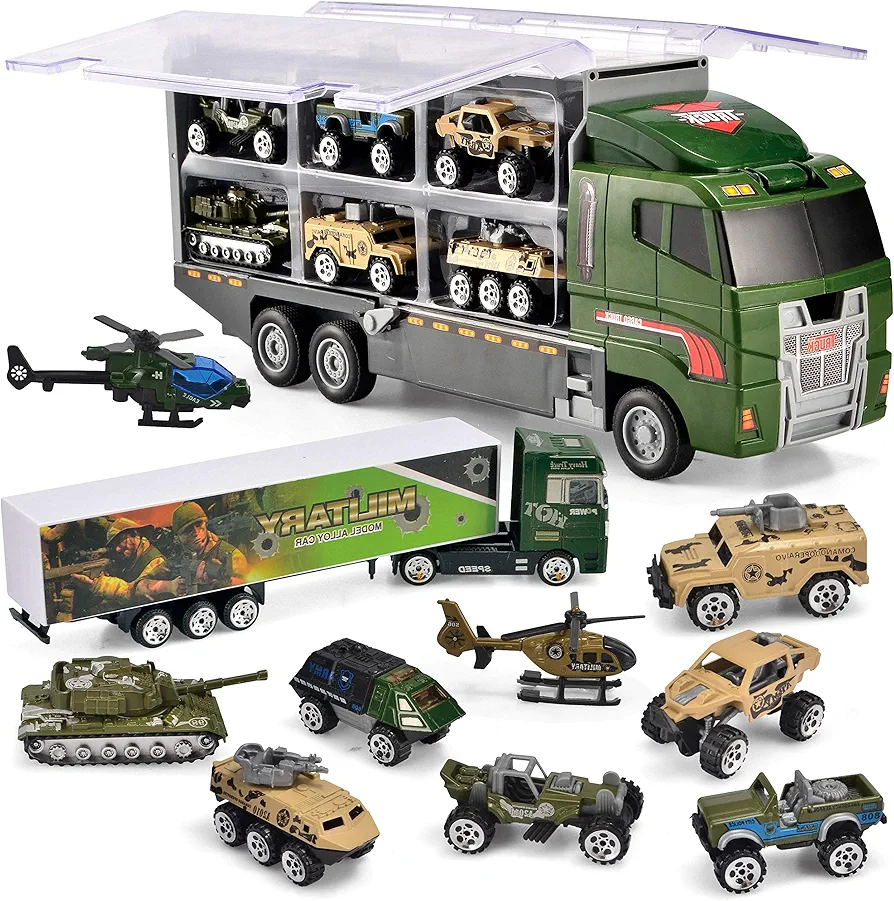 Joyfia 10 in 1 Die-cast Military Vehicle Toy, Army Transport Car Carrier Toy for Boys & Kids, Truck Toy with Mini Battle Cars Playsets, Gift for 3+ Years Old Toddlers, Party Supplies