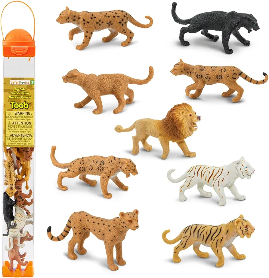 Safari Ltd. Big Cats TOOB - 9 Mini Figurines Including Lion, Tiger, White Tiger, Jaguar, Black Jaguar, Mountain Lion, Cheetah, Leopard, and Ocelot - Educational Toy For Boys, Girls & Kids Ages 3+