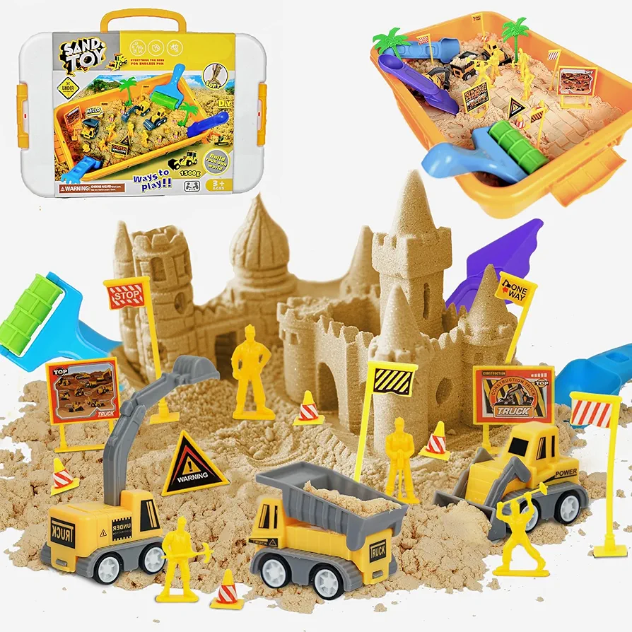 Construction Sand Play Set - Sensory Bin with 3.3lbs Magic Sand, 3 Construction Vehicles, 4 Worker Figures and 12 Road Signs, Sand Box Toys for Kids