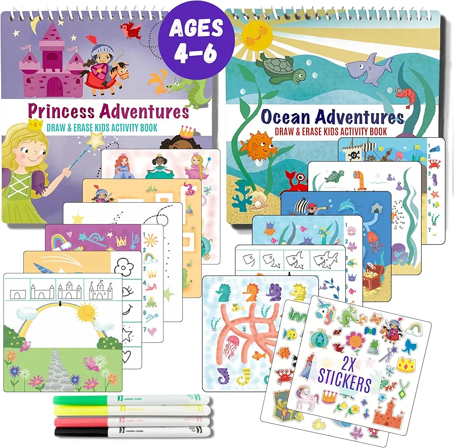 Kids Travel Educational Activity Books with Washable Markers - Car and Airplane Activities, Learning Toys for Toddlers- Search and Find, Reusable Stickers for Ages 4, 5, 6 (Ocean & Princess)