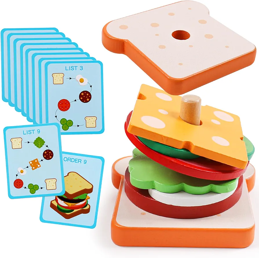 Wooden Sandwich Sorting Stacking Toys Play Food Set for Toddlers Preschool Educational Montessori Toys Fine Motor Toys for Kids Boys Girls