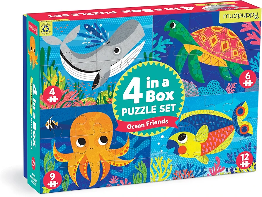 Mudpuppy Ocean Friends 4-in-a-Box Puzzle Set from Mudpuppy, includes 4 Progressive Jigsaw Puzzles for Kids with 4-12 Pieces, Colorful Ocean Animal Illustrations, for Kids Ages 2+