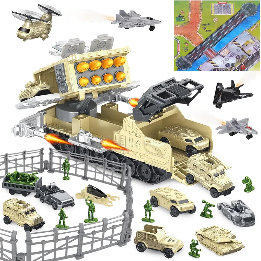 deAO Army Tank Toys for Boys, Military Vehicles Set with Rotating Turret 13 Military Vehicles Airplane Bullets Maps and Weapon Gear Accessories, Army Men Toy Soldiers Action Figures Gift for Kids