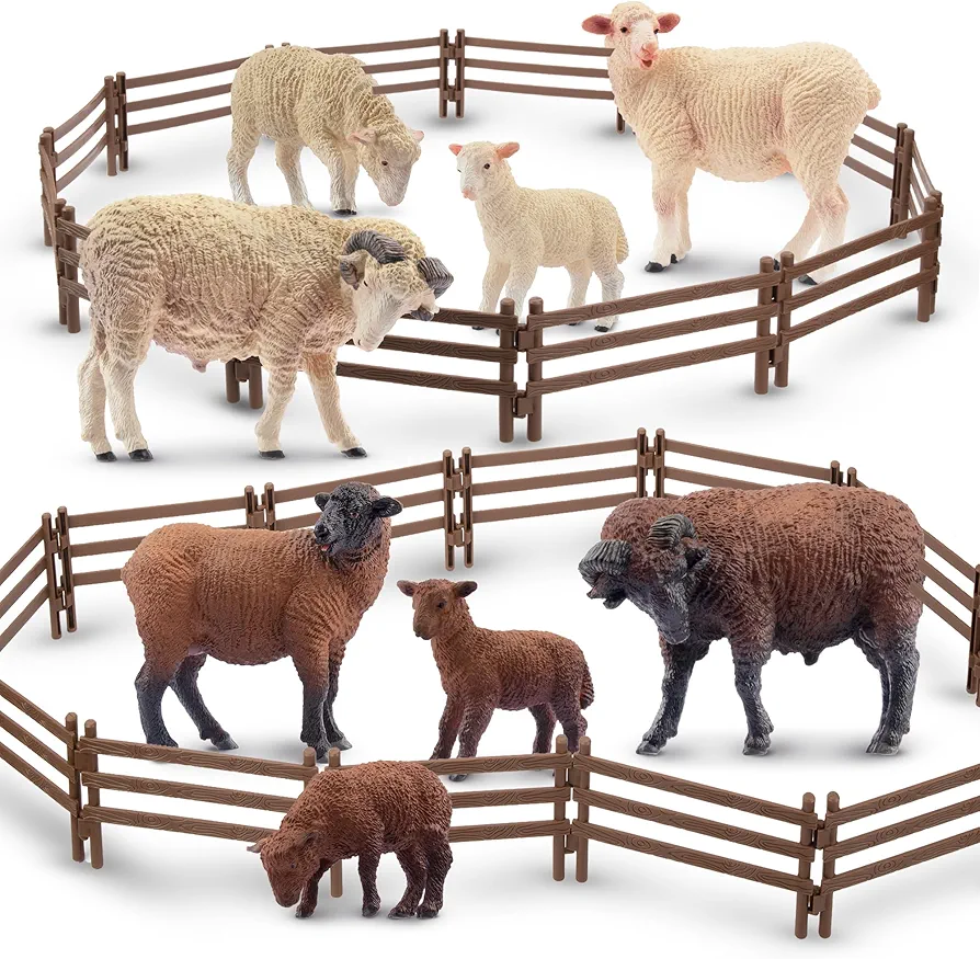 Toymany 32PCS Realistic Farm Animal Sheep Toys with Plastic Fence Toys Set，Educational Toy Birthday for Kids Toddler