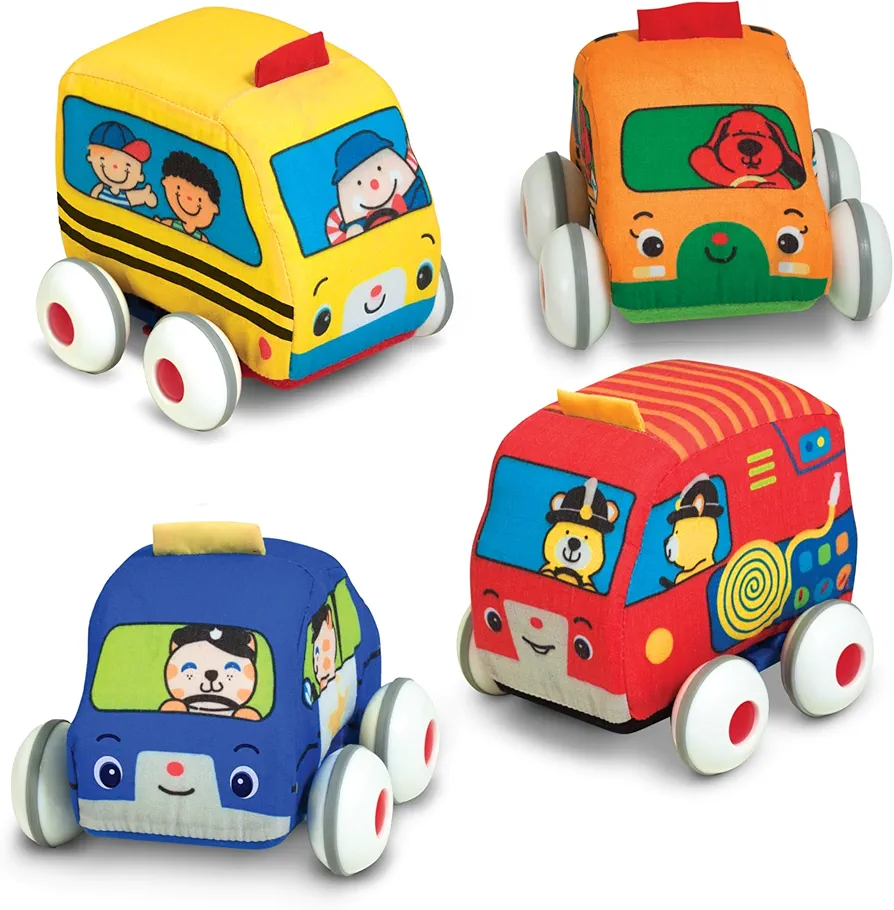 Melissa & Doug K's Kids Pull-Back Vehicle Set - Soft Baby Toy Set With 4 Cars and Trucks and Carrying Case Pull Back Cars, Soft Vehicles Toys For Babies And Toddlers