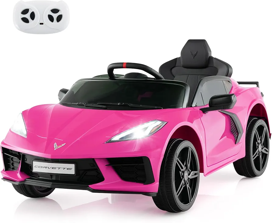 Costzon 12V Ride On Car, Licensed Chevrolet Corvette C8 Toy Car with Remote Control, Wireless Connection, Lights, Horn, Music, 4-Wheel Spring Suspension, Gift for Boys & Girls Aged 3+ (Pink)