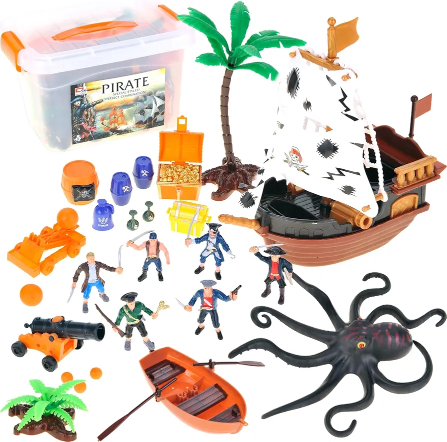 PowerTRC Pirate Action Figures with Pirates, Sea Monsters, Boats, Treasure Chests, Cannons and Figurines Playset for Kids