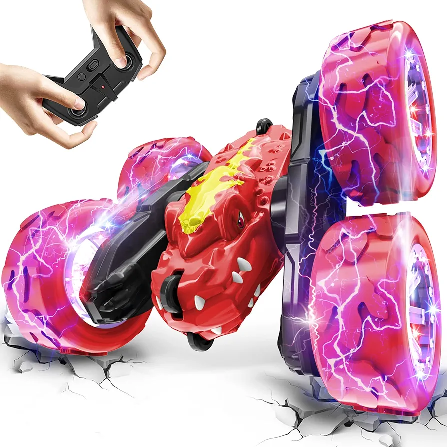 Remote Control Car for Boys Age 4-7, Toys for Ages 5-7 8-13, Rechargeable RC Cars 360° Flip Double Sided RC Stunt Cars with Cool Light, Dinosaur Toys for Kids Birthday Xmas Gifts, Red