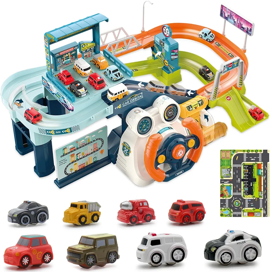 Fistone Kids Race Tracks for Boys Car Adventure Toys, Car Tracks Playsets Musical Steering Wheel Race Track Toys Games for Toddlers, Educational Toy Vehicle Playset for 3-5 Year Old Kids