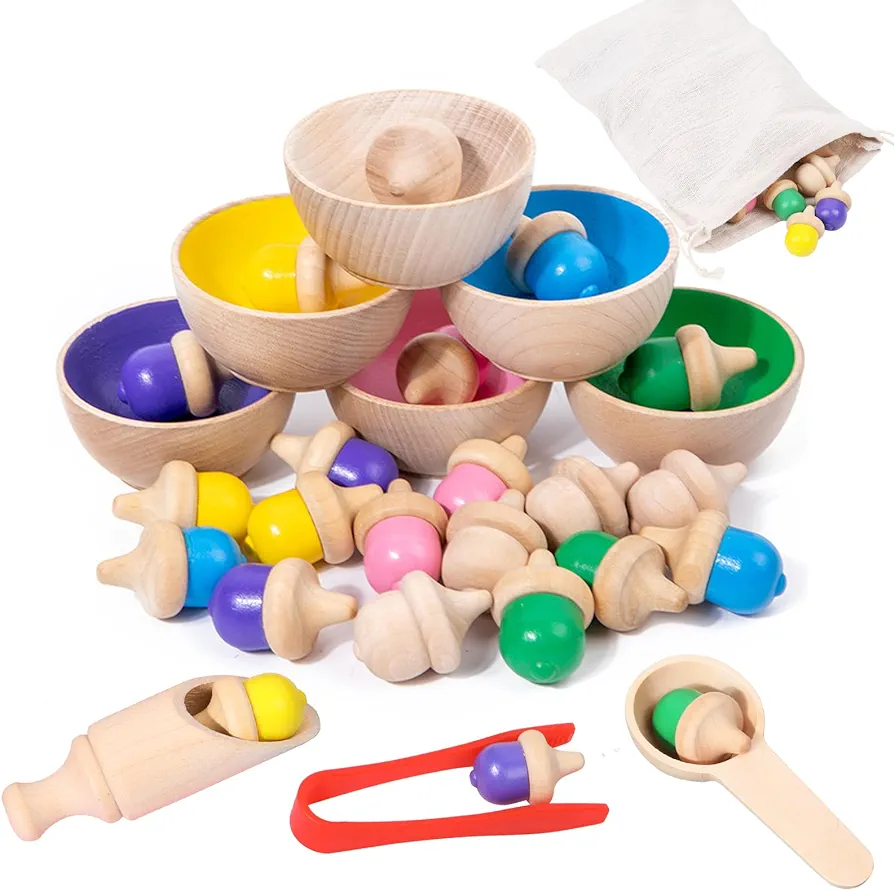 Montessori Wooden Color Sorting Toy for Toddlers, Acorns Counting with Sorting Bowls, Preschool Learning Activities Fine Motor Skill Practice Sensory Toy for Kids Age 3 4 5 6 Years Old