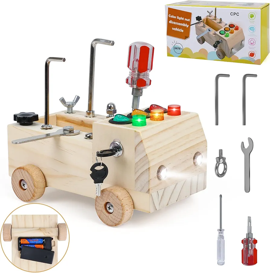 DIY Educational Toy LED Light Wood Car Play Anytime, Anywhere Wooden Sensory Montessori Toys for 3+ Year Old,Kids Sensory Toys,Light Switch Toys,Wooden Cars Toys Construction Tools Gifts for Kids