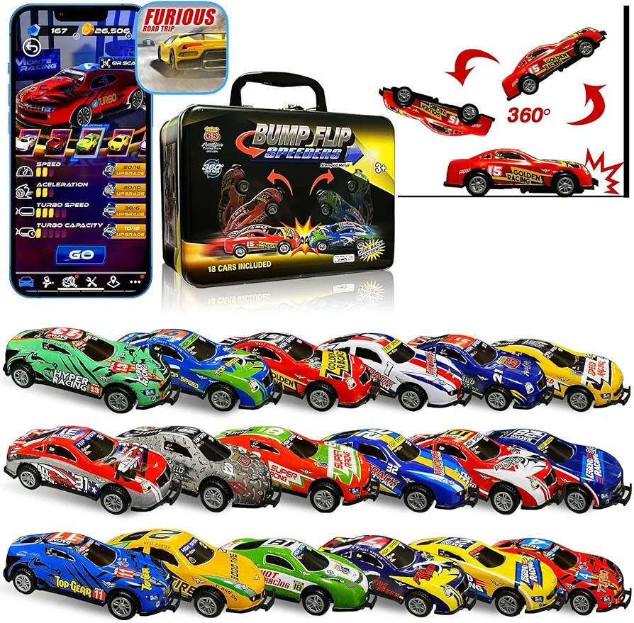 18 Stunt Pull Back Cars Toys Pack - Jumping Flip 1:64 Vehicles Die Cast Metal Mini Race Cars Set with Metal Storage Case & Free Online Games - 2023 Hot Toy Party Gift for Kids Ages 3+ Years Old