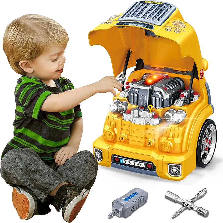 Fistone Large Truck Engine Toy, Kids Mechanic Repair Set with Removable Parts, Lights, Sounds, Take Apart Motor Vehicle Pretent Play Car Service Station, Ideal Gift for 3-5 Year Old Boys