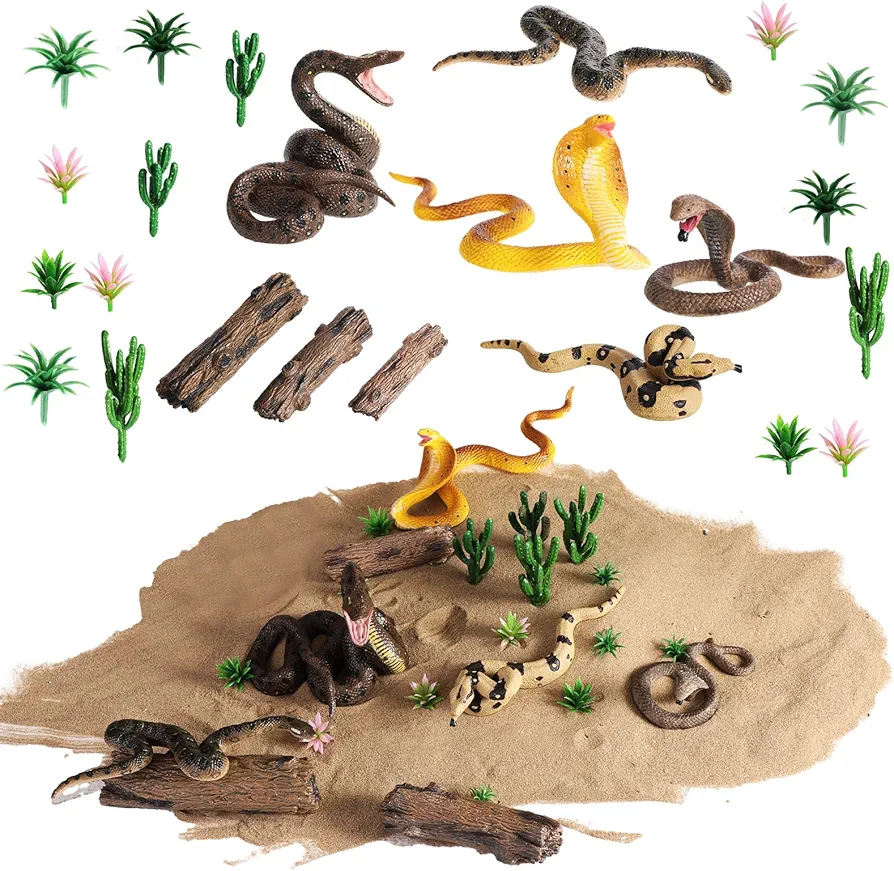 Sratte 26 Pcs Realistic Snake Figurines Toys Plastic Anaconda Animals Diorama Project Playset Model Trees Kit for Kids Toddlers Educational Learning Birthday Cake Toppers Gift