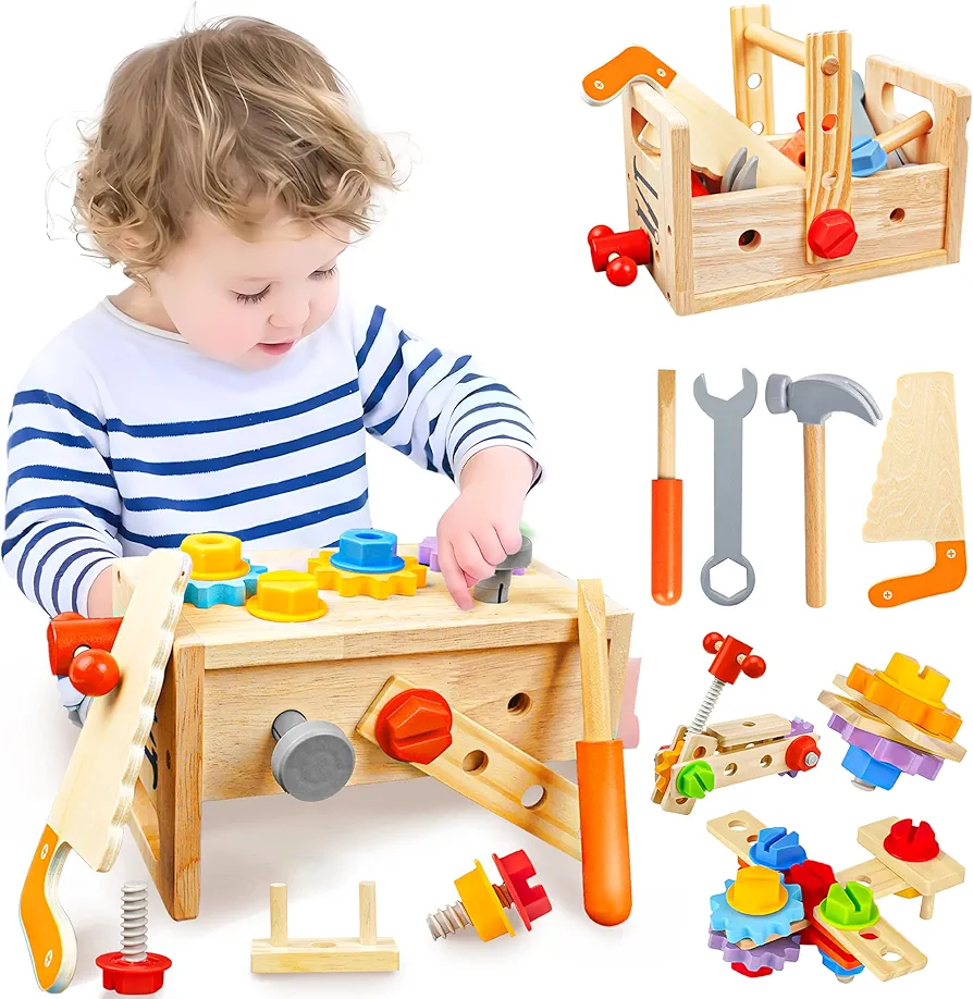 Kids Tool Set - 29 Piece Wooden Toddler Tool with Box, Montessori STEM Learning Construction Toys, Preschool Learning Activities Gifts for Boys Girls