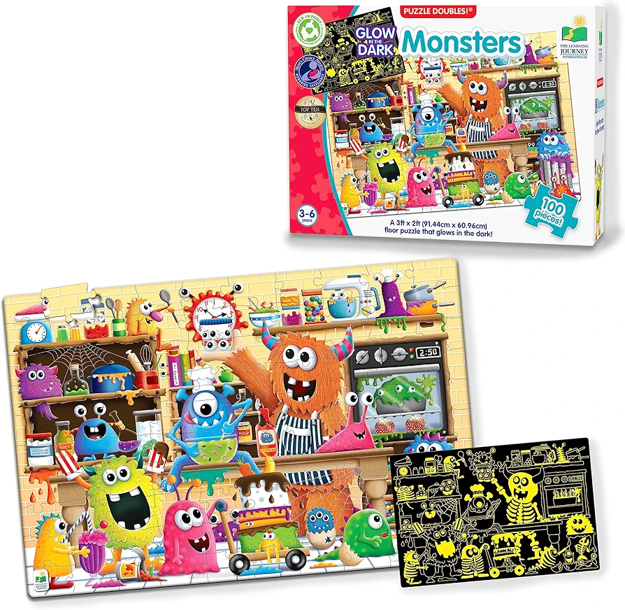 Learning Journey International Puzzle Doubles Glow in The Dark – Monsters – 100 Piece Glow in The Dark Preschool Puzzle (3 x 2 feet) – Educational Gifts for kids Ages 3 and Up, Multicolor (115657)