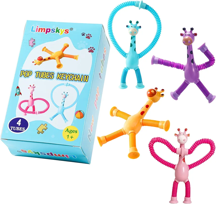 4 Pack Telescopic Suction Cup Giraffe Toy,Sucker pop Tube Giraffe,Suction Cup Toys,Animal pop Tubes,Airplane Toys for Toddlers 1-3,Toddler Travel Toys,Travel Toys for Toddlers 1-3