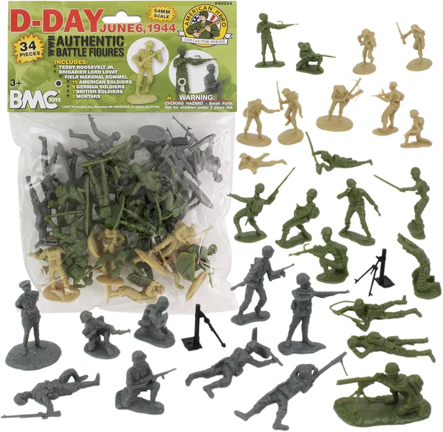 BMC WW2 D-Day Plastic Army Men - 34 American, British, German Soldier Figures