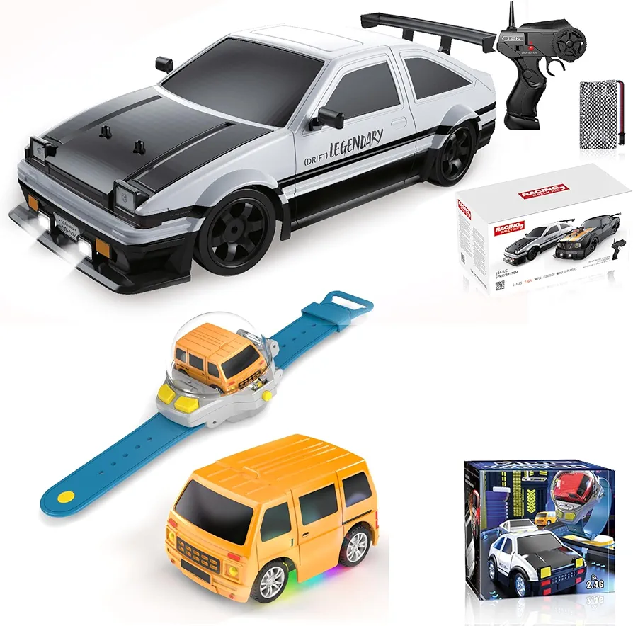 RC Drift Car 1/16 Scale 4WD 18KM/H High Speed+Mini Remote Control Car Watch Toy