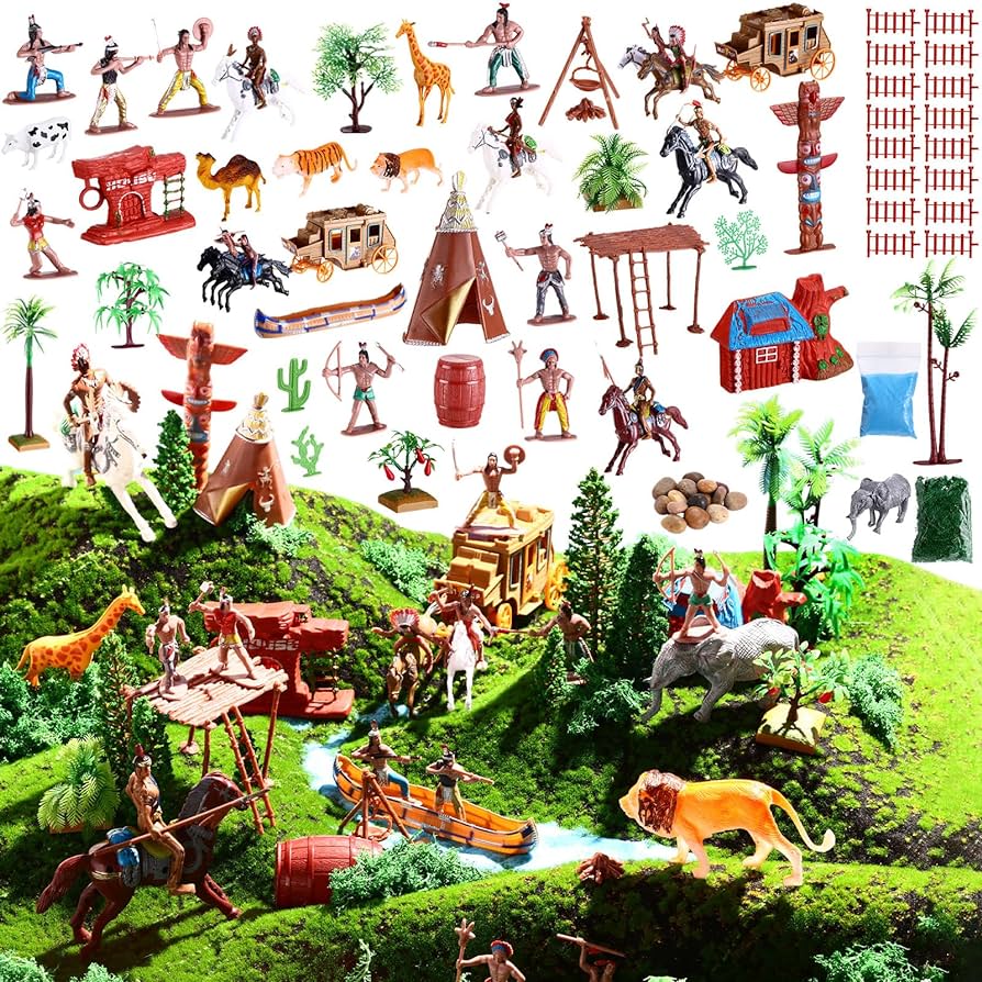 81 Pcs Native American Indian Figures Toys Set, Mini Wild West and Plastic Indian Figures Play Historical Toy Mixed Model Trees Moss Stone for Kids Educational School Birthday Gift Decoration