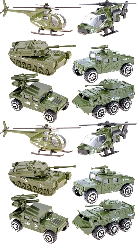 PowerTRC 1.5" Die-Cast Military Vehicles | 12 Pack Variety Army Vehicles | Tank, Truck, Panzer, Anti Air Vehicle, and Helicopters Playset for Kids | Great Gift for Children Or Party Favors