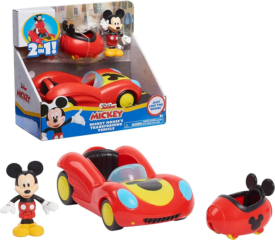 Disney Junior Mickey Mouse Funhouse Transforming Vehicle, Mickey Mouse, Red Toy Car, Preschool, Officially Licensed Kids Toys for Ages 3 Up by Just Play