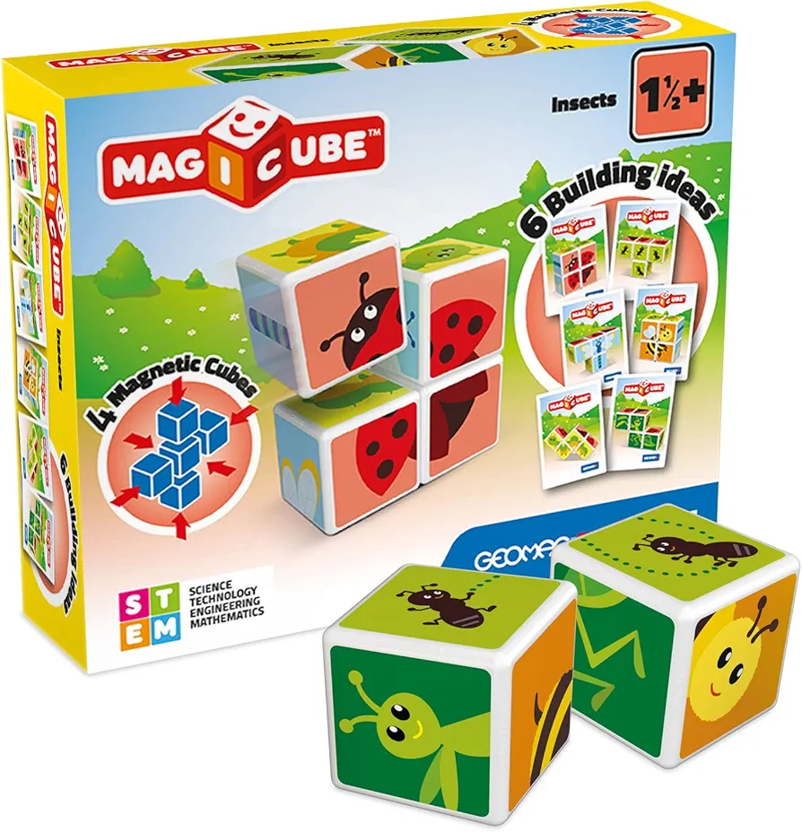 GEOMAG MagiCube Small Animals 4-Piece Magnetic Stacking Cubes Building Set, Toddlers & Kids Ages 1.5+, STEM Educational Toy, Swiss-Made, Creativity, Imagination, Learning, 6 Adorable Building Ideas