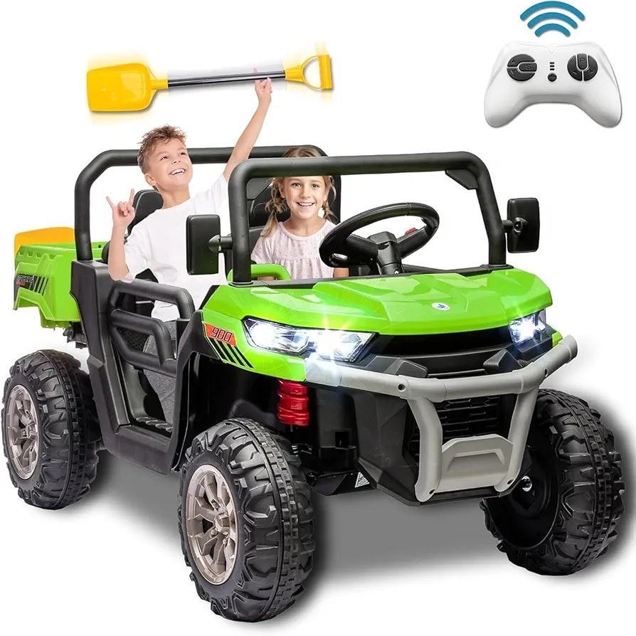 24V 2 Seater Kids Ride on Car Truck, Ride On UTV with 2x200W Motor Ride On Dump Truck, Ride On Car with Dump Bed/Shovel, Electric Vehicle with Durable Tires, LED Light, Music, Remote Control, Green