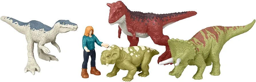 Mattel Jurassic World Dominion Carnotaurus Clash Pack, 5 Mini Toys Including 1 Human Figure & 4 Dinosaurs in Truck-Themed Package