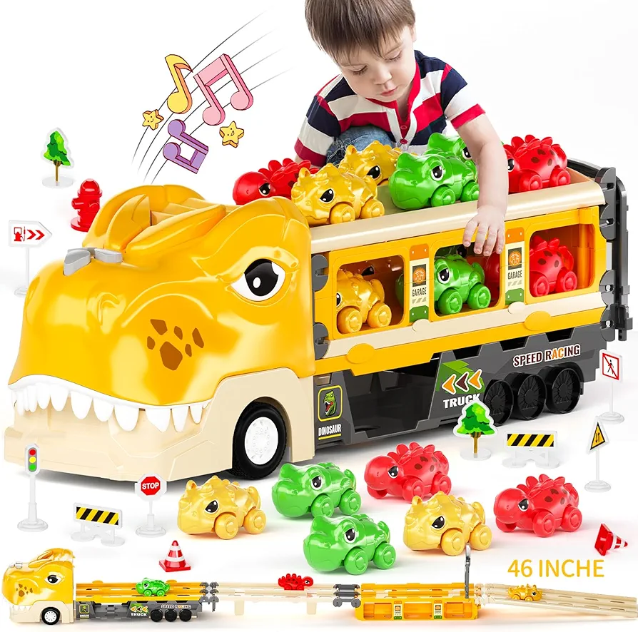 Dinosaur Toys Truck for Kids 3-5 Year Old，21 in 1 Foldable Ejection Toddler Car Toys with Sound Light Transport Car Carrier Truck with 6 Dino Cars 12 Road Signs Race Car Track Toy for Boy Girl