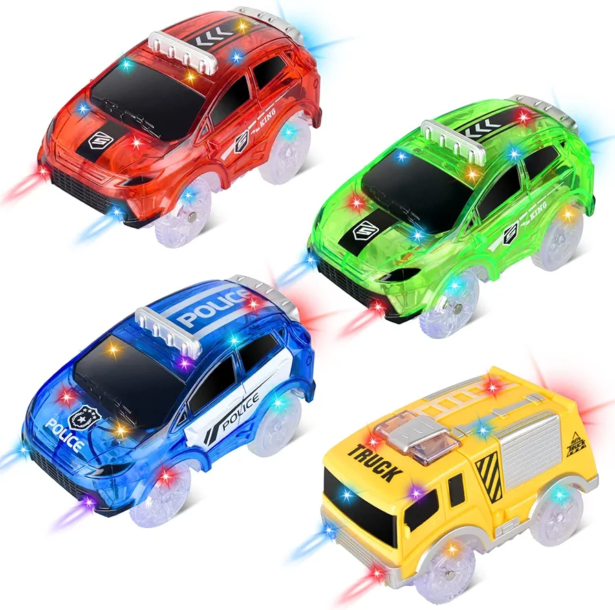 Tracks Cars Replacement only, Toy Cars for Magic Tracks Glow in The Dark, Racing Car Track Accessories with 5 Flashing LED Lights, Compatible with Most Car Tracks for Kids Boys and Girls (4pack)