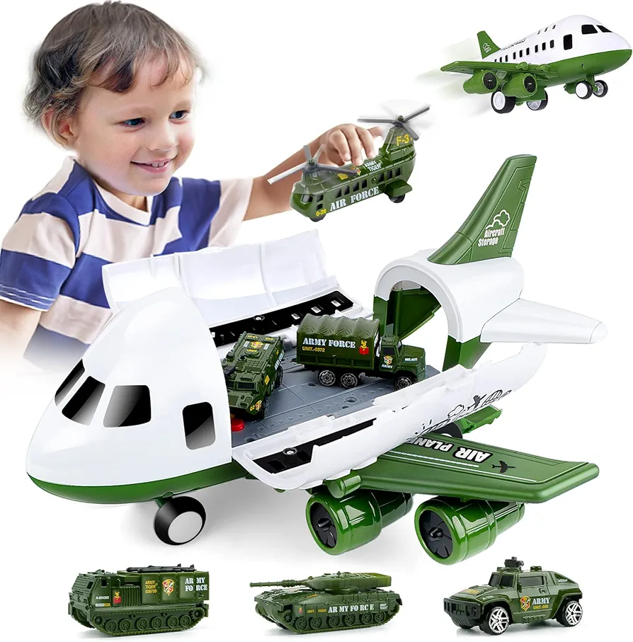 UNIH Toys Set, Transport Cargo Airplane and 6PCS Mini Army Vehicles, Military Vehicle Play Set Birthday Gift for Kids Toddlers Boys 3 4 5 6 Years Old