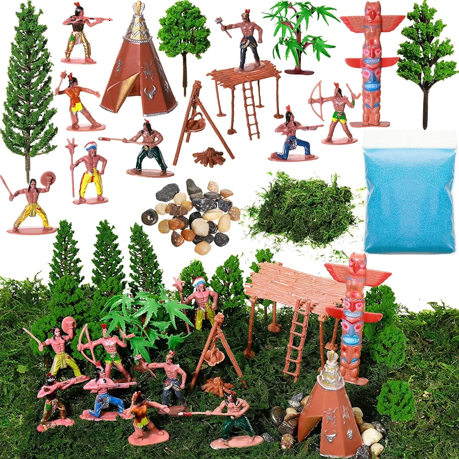 28 Pcs Native American Indians Figures Toys Set, Cowboys Historical People Diorama Materials Kit, Mixed Model Trees, Green Moss, Stone for School Diorama Box Project Kids Educational Birthday Gift