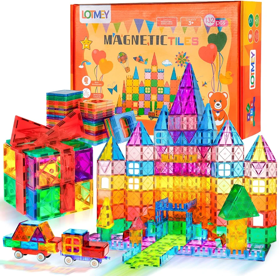 132PCS Magnetic Tiles with 2 Cars Deluxe Set, 3D Magnetic Building Blocks, Preschool Magnetic STEM Toys Sensory Educational Toys for Toddlers Kids 3 4 5 6 7 8-12, Gift for Boys Girls