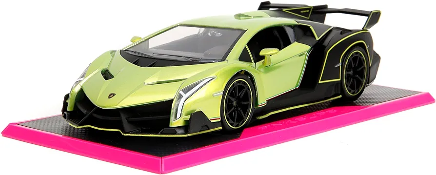 Pink Slips 1:24 W7 Lamborghini Veneno Die-Cast Car w/Base, Toys for Kids and Adults(Candy Lime Green/Primer Black)