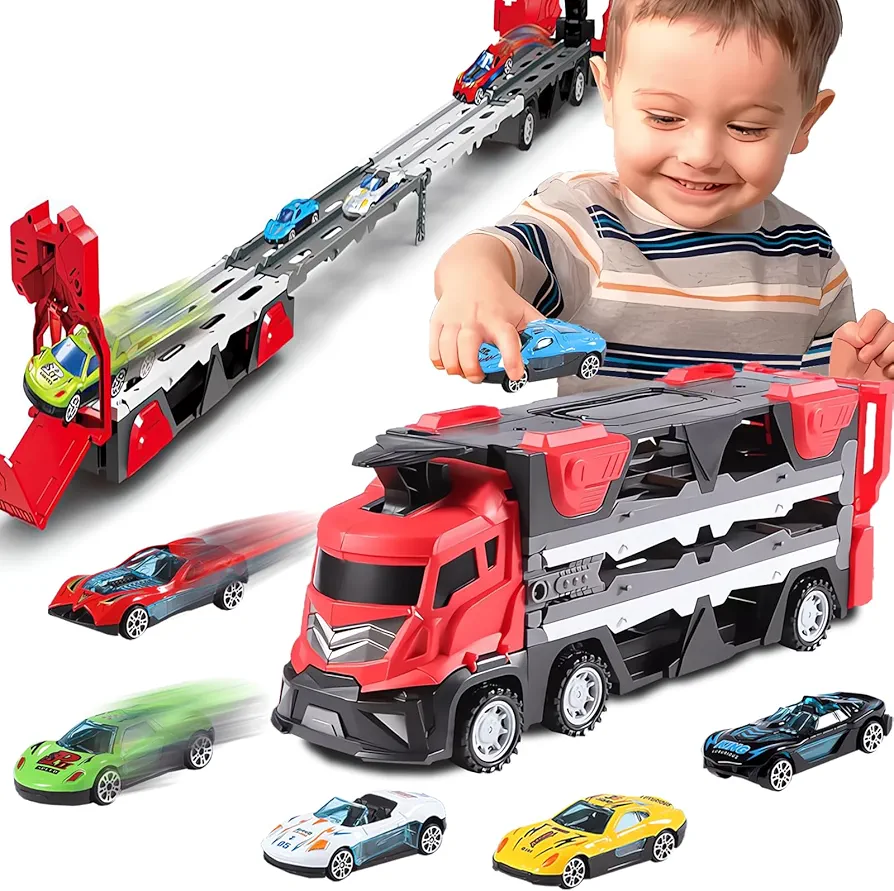 47 Inches Race Track for Ages 3,4,5 Year Old Kids Birthday Gifts Foldable Ejection Race Track Toy Cars for Toddlers 3-4 Years Car Toys Set with 1 Truck&6 Race Cars (Red)