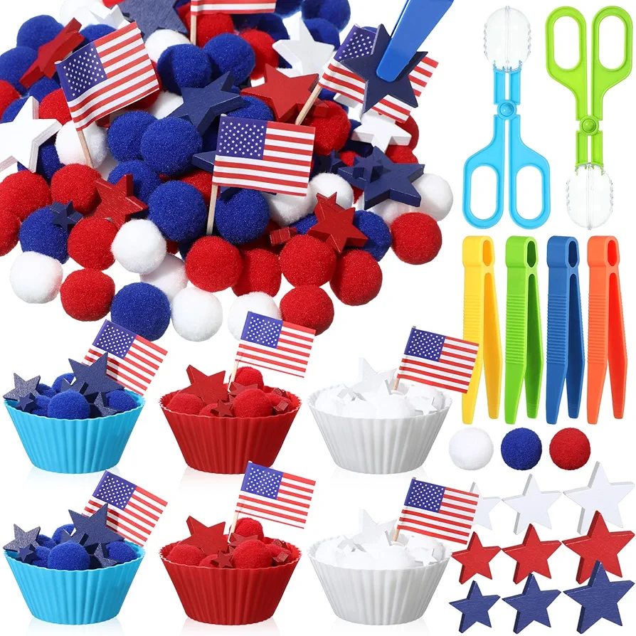 4th of July Patriotic Sensory Bin Filler Fine Motor Toys Include 4 Tweezer 2 Scissors Clip 150 Pom Pom 120 Wooden Stars 100 America Flag 6 Sorting Cup for Patriotic Sorting Counting Training