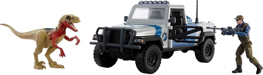 Mattel Jurassic World Search 'n Smash Truck Set with Atrociraptor Dinosaur & Human Action Figure, Vehicle with Destruct Features