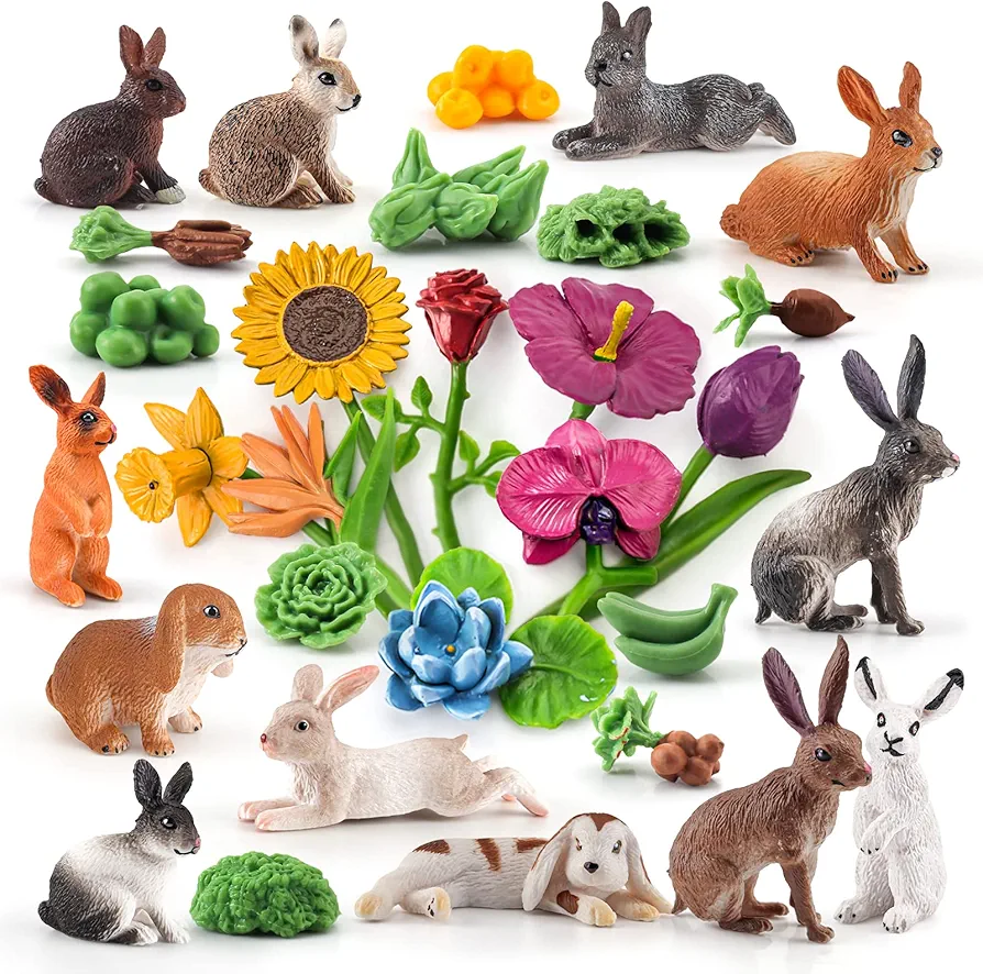 Mini Rabbit Figures Toys Set 30PCS Fruits Vegetables Accessories for Toddlers Rabbits Toys Rabbit Figurines Gifts for Kids Boys and Girls