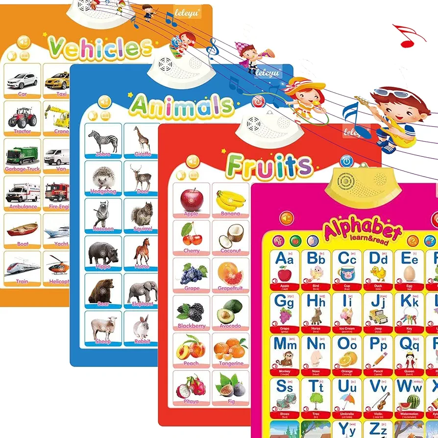 4Pcs Electronic Interactive Alphabet Wall Chart for Kids, ABC Learning for Toddlers, Learning Toys for Toddlers, Talking ABC Animal Vehicles & Vegetables Poster, Preschool Education Gifts for Kids